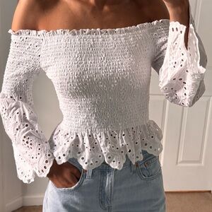 Express White Smocked Eyelet Blouse